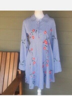 Blue Striped Floral Embroidered Long Sleeve Dress